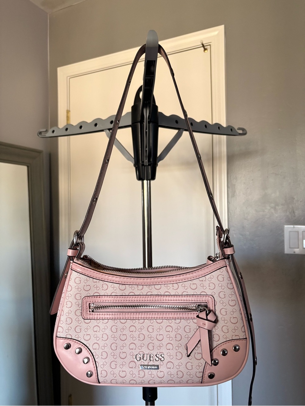 Guess Pink Logo Shoulder Bag with Stud Accents